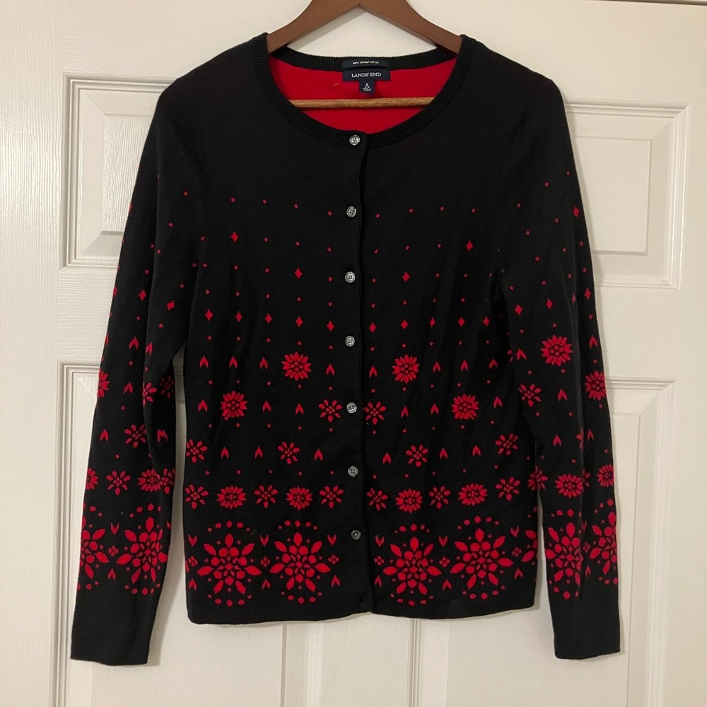 Lands' End Black and Red Cotton Cardigan